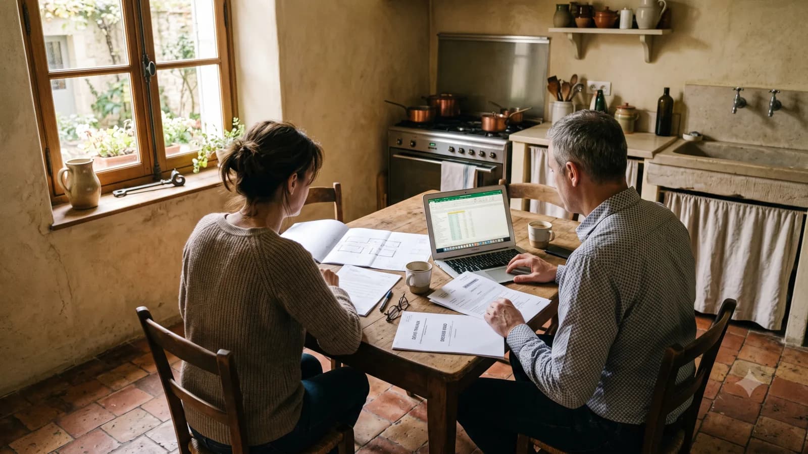 Couple attablé dans sa cuisine ancienne, diagnostic et devis de travaux en main