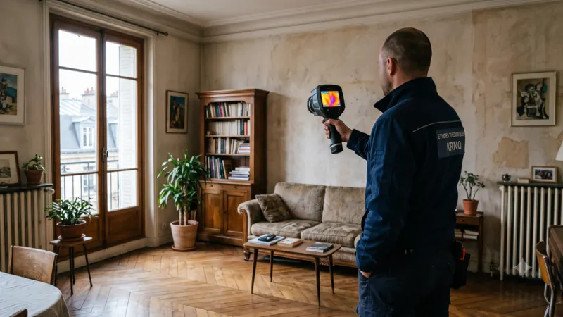 Technicien à la caméra thermique dans un séjour ancien