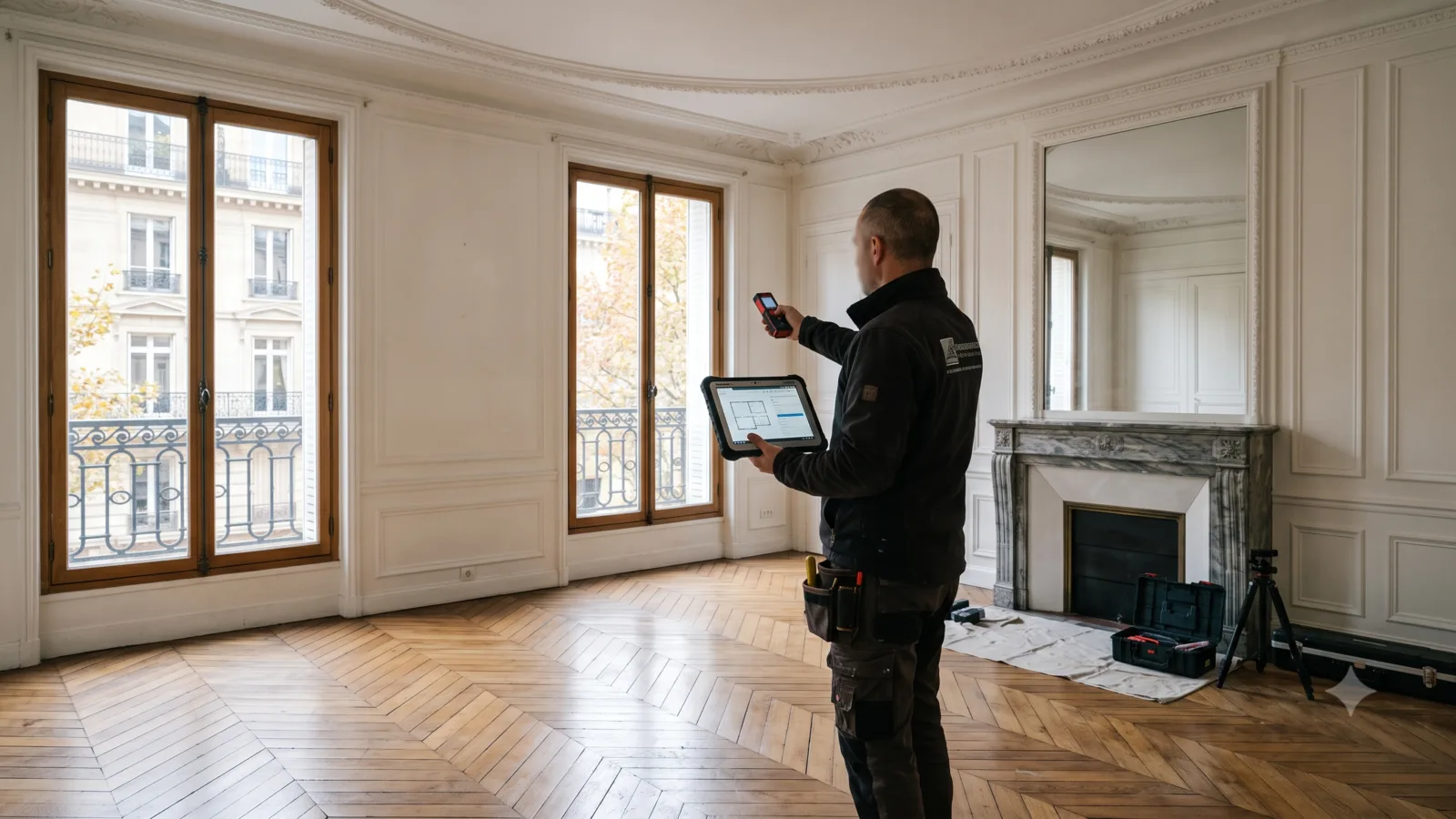 Diagnostiqueur relevant un appartement haussmannien vide au télémètre laser