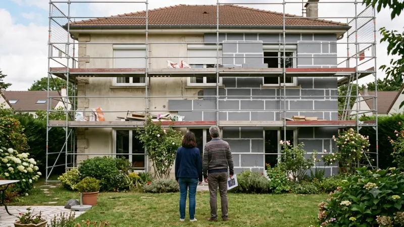 Couple au jardin devant sa façade sous échafaudage d'isolation