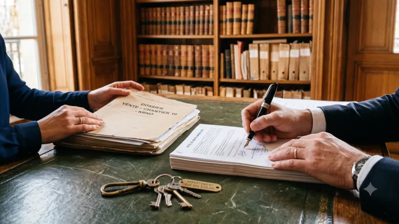 Mains paraphant un acte dans une étude notariale