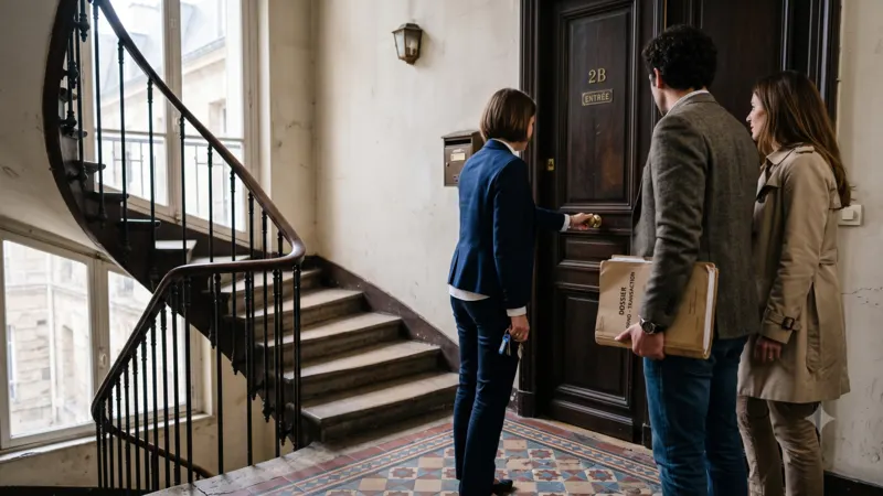 Agent immobilier ouvrant une porte à deux visiteurs