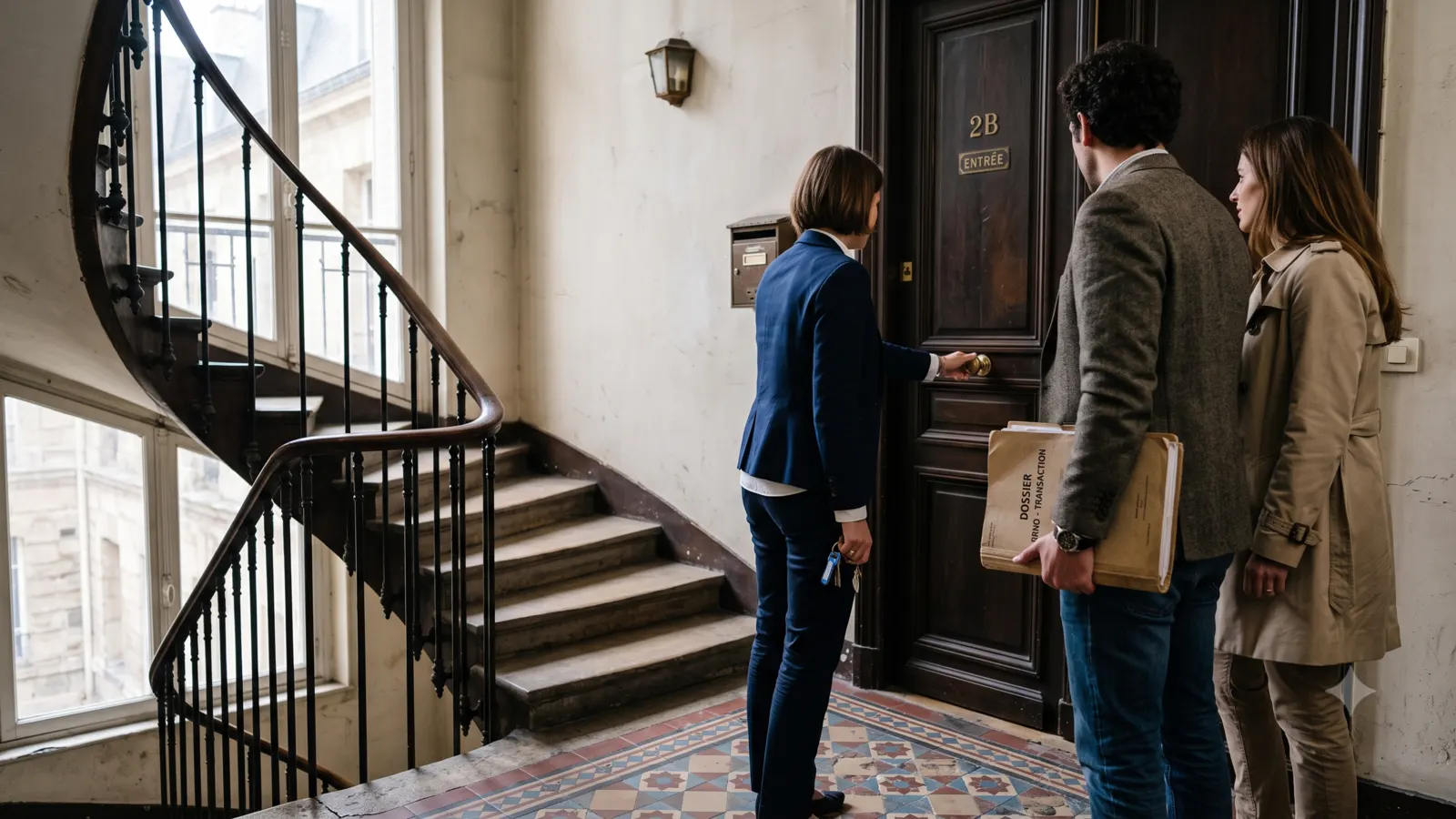 Agent immobilier ouvrant la porte d'un appartement à deux visiteurs